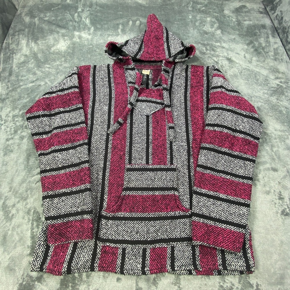 Vintage Baja Hoodie Large Mexican Drug Rug Pullover Striped Surf Poncho Y2K